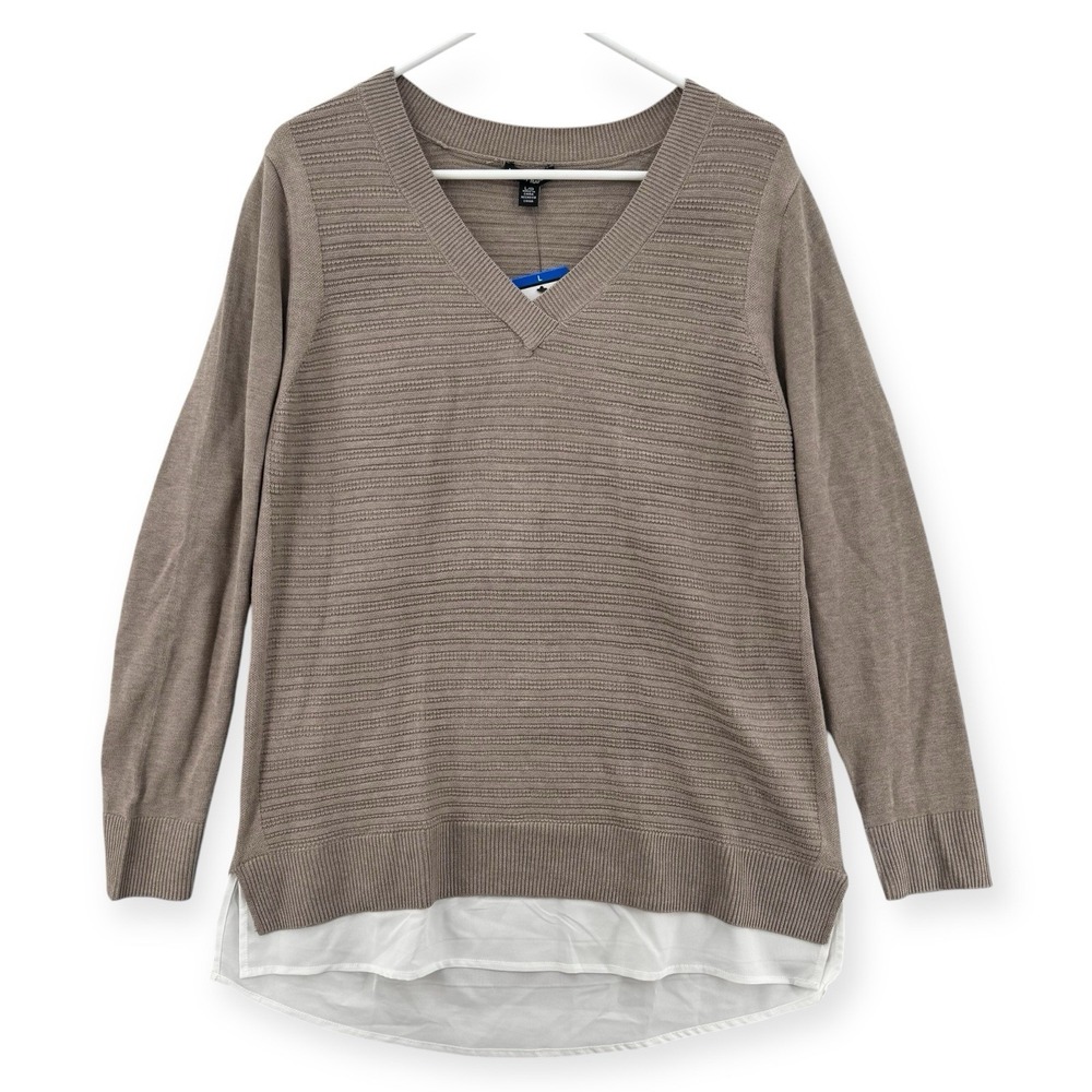 Hilary Radley Layered Sweater Womens Large V-Neck Taupe Knit Long Sleeve Top NWT